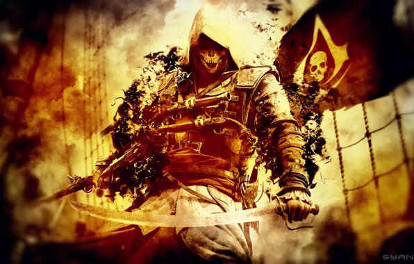 Sword, pistol, Ubisoft, flag, weapons, video game, Assassin's Creed 4, Assassin's Creed IV: Black Flag