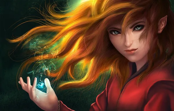 Картинка девушка, магия, арт, рыжая, эльфийка, The Little Hero