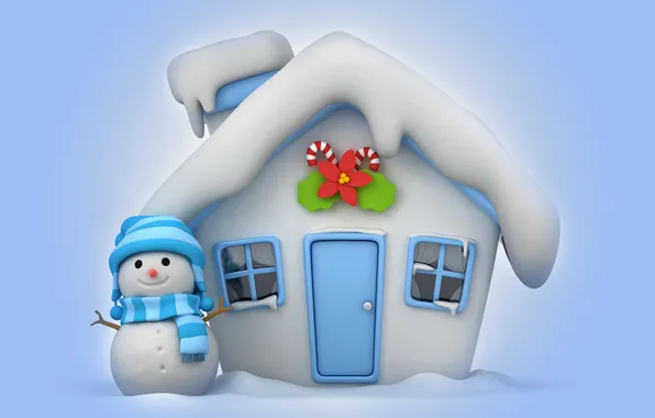 Картинка зима, снег, снеговик, house, christmas, new year, winter, snow