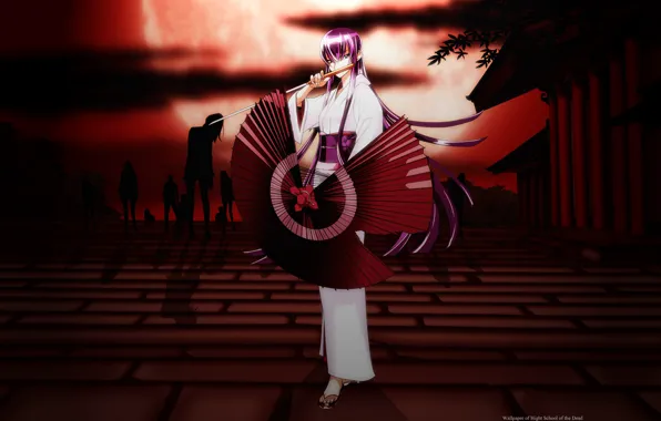 Ночь, катана, зонт, гейша, зомби, art, High School Of The Dead, Saeko Busujima