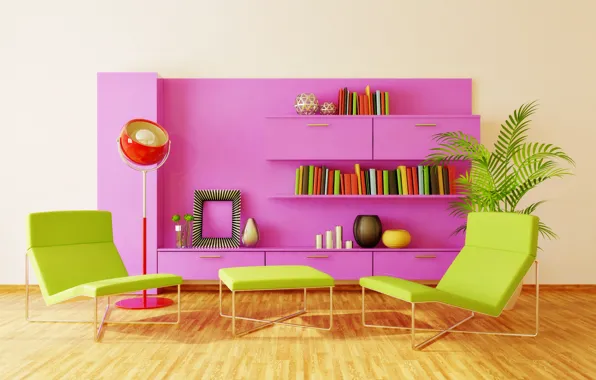 Картинка цвета, дизайн, стиль, комната, яркие, книги, лампа, кресло