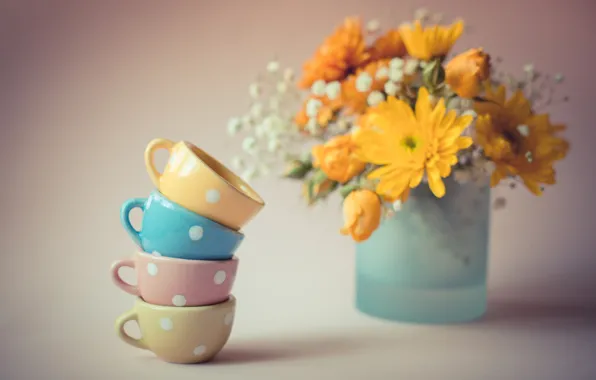 Картинка цветы, букет, чашки, кружки