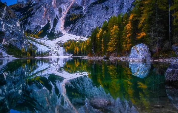 Картинка осень, деревья, горы, озеро, отражение, Италия, Italy, Доломитовые Альпы