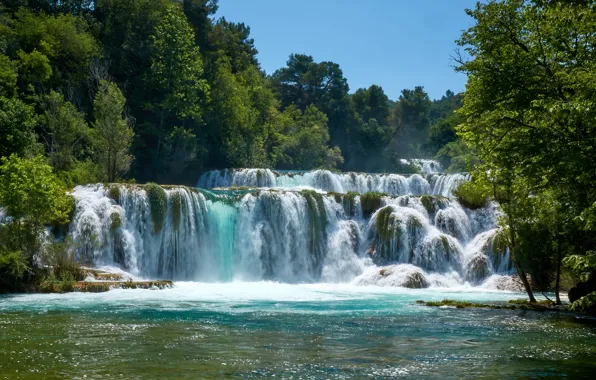 Природа, скалы, берег, водопад, поток