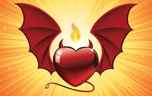 Картинка фон, огонь, крылья, Сердце, рожки