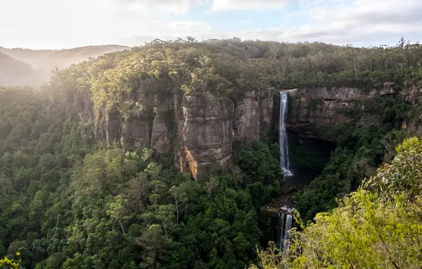Лес, скалы, водопад, панорама, Australia, Belmore Falls, Kangaroo Valley