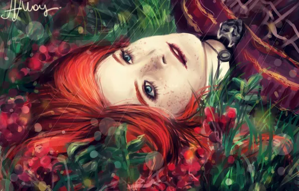 Картинка трава, девушка, лицо, веснушки, рыжая, Game of thrones, Песнь льда и огня, Sansa Stark