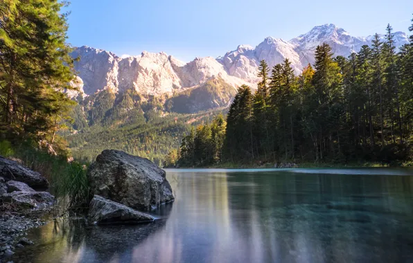 Лес, деревья, горы, озеро, камни, скалы, Германия, солнечно