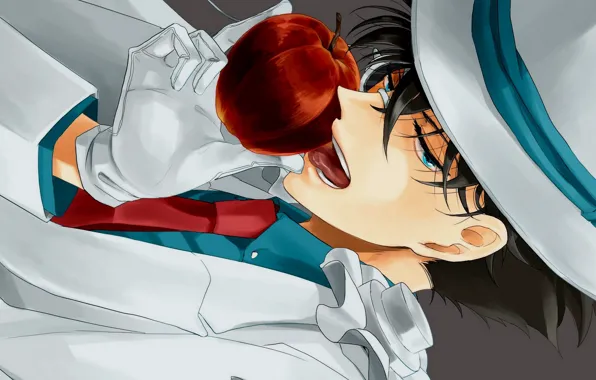 Язык, взгляд, яблоко, шляпа, аниме, арт, парень, Detective Conan
