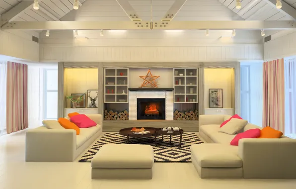 Диван, графика, подушки, камин, Design, гостиная, room, Interior