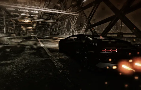 Дорога, капли, ночь, мост, город, дождь, игра, Lamborghini