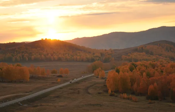 Картинка дорога, осень, пейзаж, закат, горы