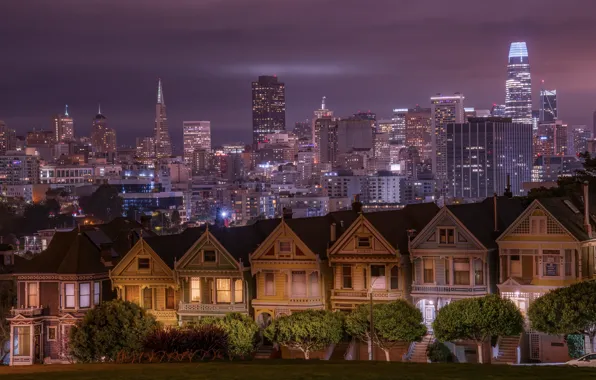Картинка деревья, здания, дома, Калифорния, Сан-Франциско, ночной город, небоскрёбы, California