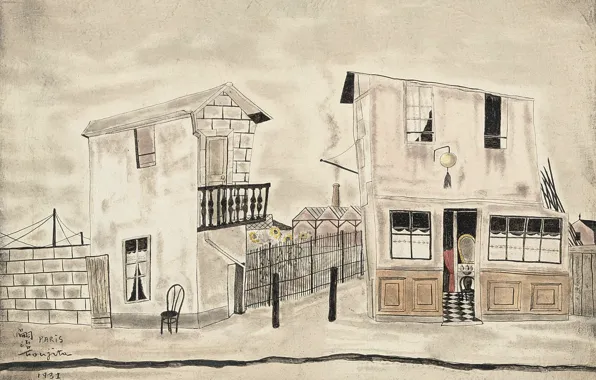 Картинка дорога, стена, дома, стул, 1931, Tsuguharu Foujita, Уличная сцена в париже