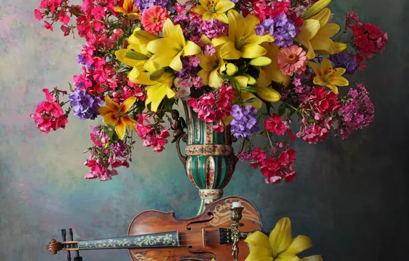 Картинка цветы, стиль, ноты, фон, скрипка, лилии, букет, ваза