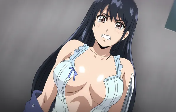 Картинка girl, sexy, cleavage, blouse, long hair, brown eyes, boobs, anime