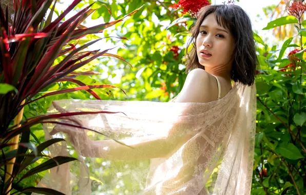Beautiful, Asian, Model, Woman, Pretty, Japanese, Garden, Outdoor