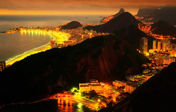 Море, ночь, город, огни, Бразилия, Рио-де-Жанейро