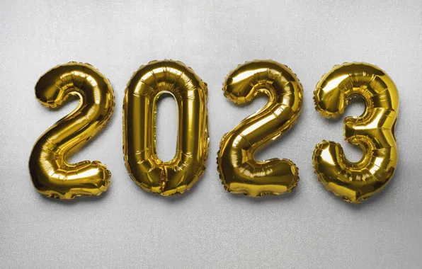 Блеск, цифры, Новый год, серый фон, золотые, дата, надувные, 2023