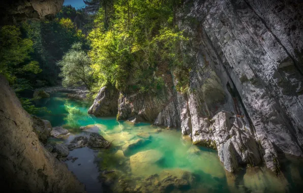 Вода, деревья, пейзаж, природа, скалы, Швейцария, ущелье, Gorges De La Jogne