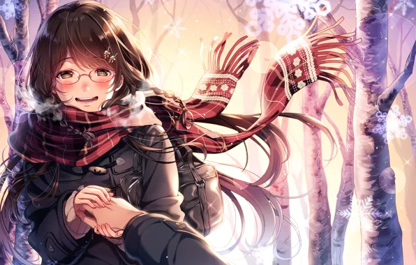 Картинка девушка, снег, снежинки, шарф, очки, anime, art