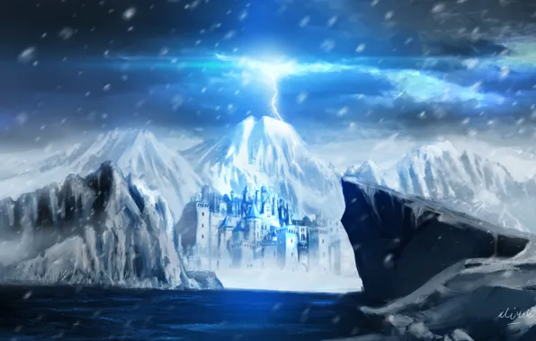 Картинка снег, горы, озеро, замок, молния, арт