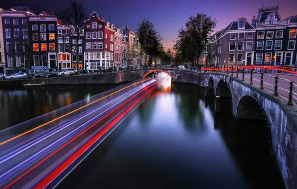 Картинка мост, огни, дома, вечер, выдержка, Амстердам, канал, Нидерланды