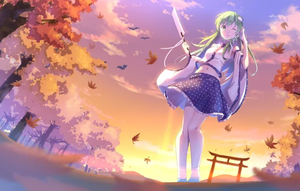 Ветер, одна, зеленые волосы, подмигивание, Kochiya Sanae, розовые облака, на дороге, Touhou Project