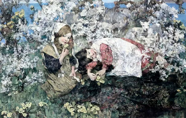 Картина, художник, Glasgow, Idylle in Spring, Edward Atkinson Hornel, Edimbourg