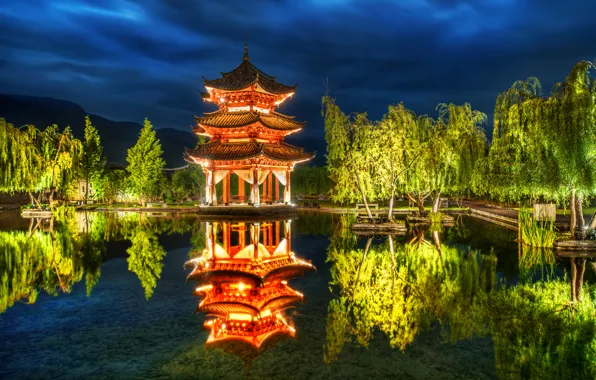 Деревья, пруд, парк, отражение, China, Китай, пагода, Lijiang