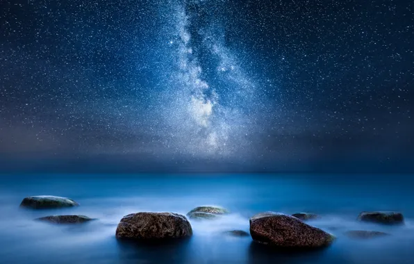 Картинка море, ночь, камни, звёзды, млечный Путь