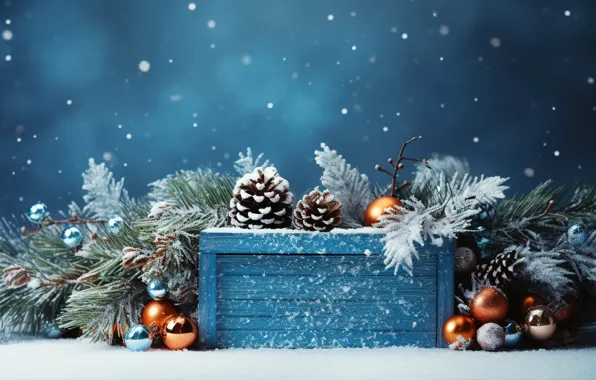 Картинка зима, снег, украшения, шары, Новый Год, Рождество, new year, Christmas