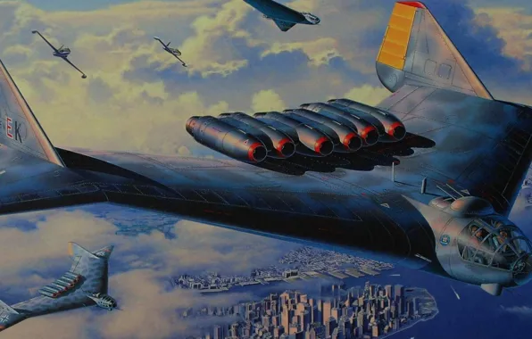 Картинка город, фантастика, прототип, нью-йорк, немцы, налёт, сопровождение, Luftwaffe
