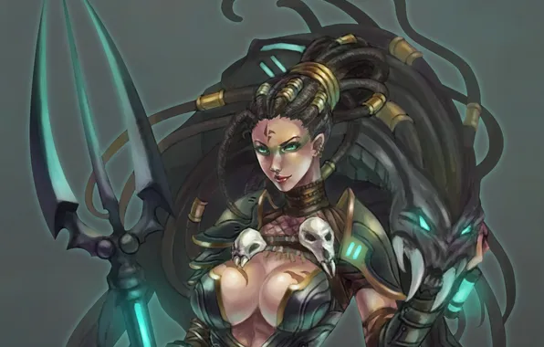 Грудь, девушка, трезубец, черепа, League of Legends, nidalee, Bestial Huntress
