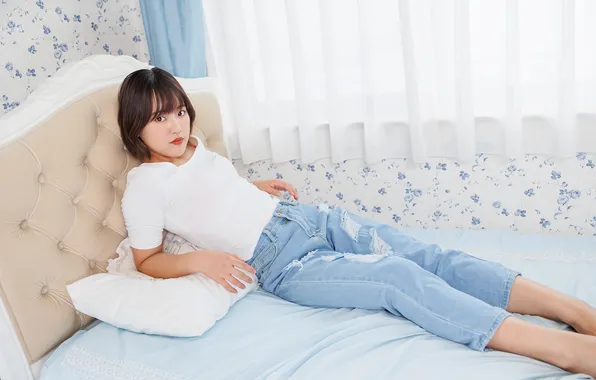 Beautiful, Asian, Model, Smile, Bed, Denim, Woman, Cute