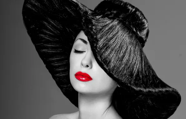 Картинка девушка, фото, шляпа, макияж, черно белое, красные губы