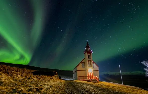 Северное сияние, церковь, Исландия, Iceland, звёздное небо, Fljótshlíð