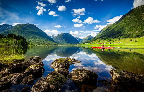 Горы, озеро, Норвегия, Norway, байдарка, Sogn og Fjordane, Heimdal