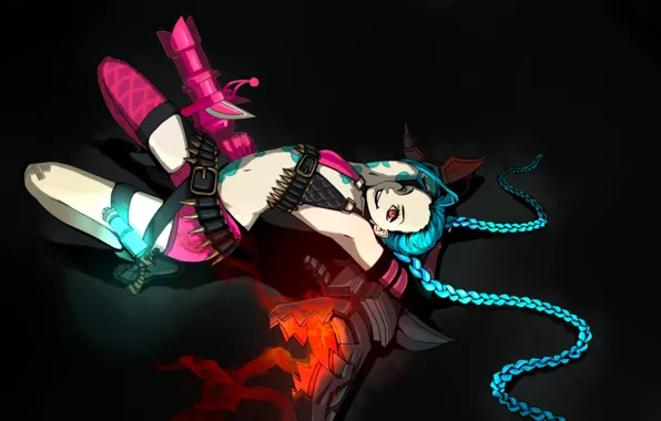 Девушка, оружие, арт, косички, патроны, League of Legends, LoL, Jinx