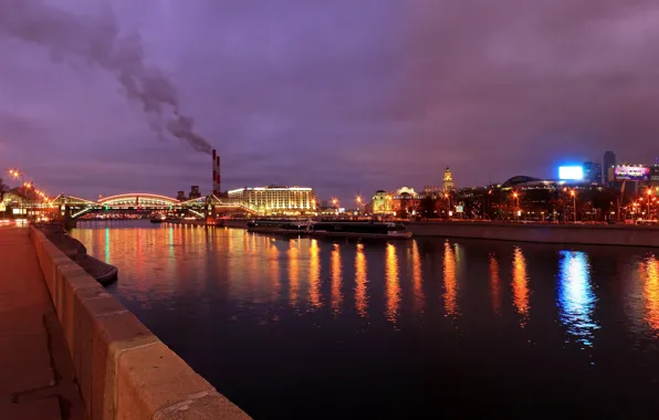 Мост, город, огни, река, вечер, Москва, набережная, Moscow