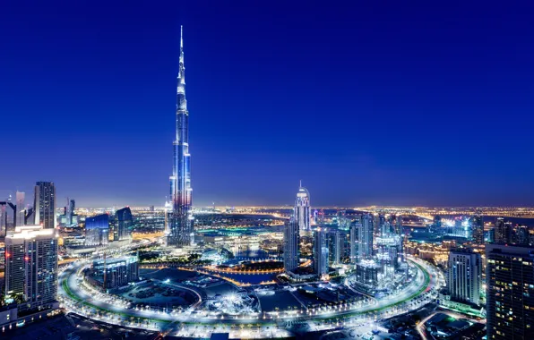 Картинка город, огни, вечер, Дубай, Dubai, ОАЭ, башня Бурдж-Халифа