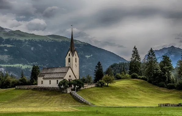 Деревья, горы, Швейцария, Альпы, церковь, Switzerland, Alps, Граубюнден