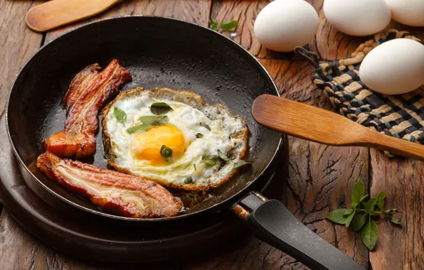 Яйца, завтрак, яичница, бекон, лопатка, сковорода