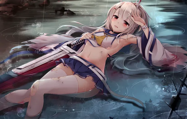Girl, sword, sexy, cleavage, school uniform, thighhighs, rain, long hair