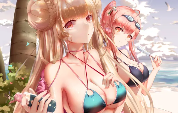 Girl, sexy, cleavage, beach, long hair, sea, boobs, anime