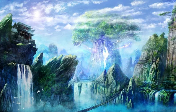 Картинка небо, мост, скалы, рисунок, водопад, дома, арт, большое дерево