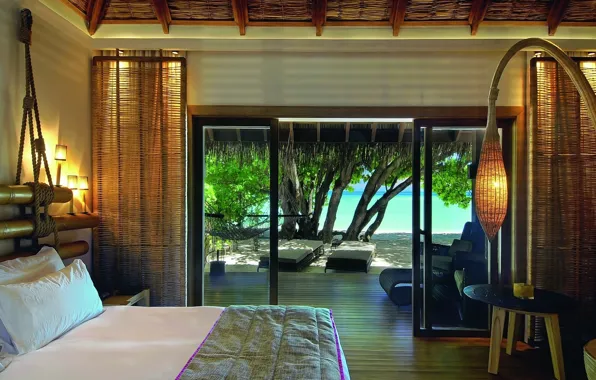 Картинка beach, beautiful, view, tree, maldives, room, interior, bed