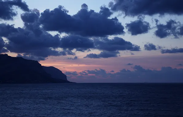Картинка небо, облака, закат, скалы, вечер, Италия, Средиземное море, Сицилия