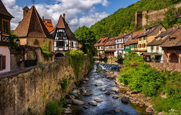 Река, Франция, здания, дома, Кайзерсберг, France, Kaysersberg, River Weiss