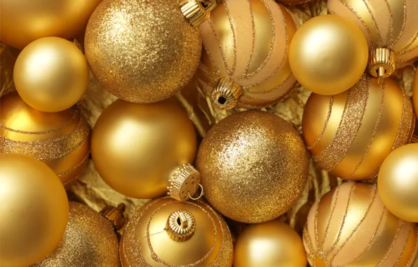 Украшения, шары, Новый Год, Рождество, gold, Christmas, balls, золотые